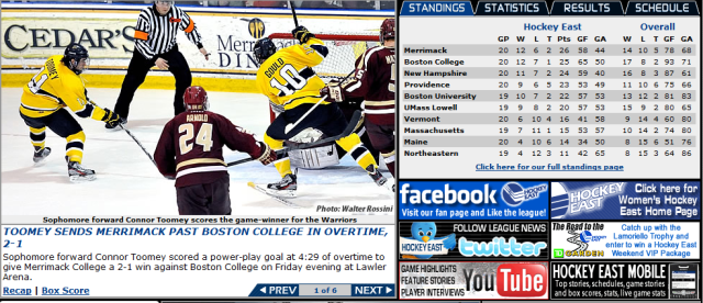 A screenshot of hockeyeastonline.com's homepage following Merrimack's 2-1 overtime victory over BC last Friday